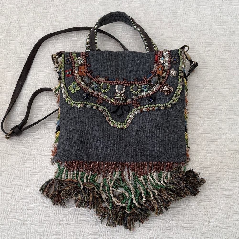 Gray Beaded Fringe Bag